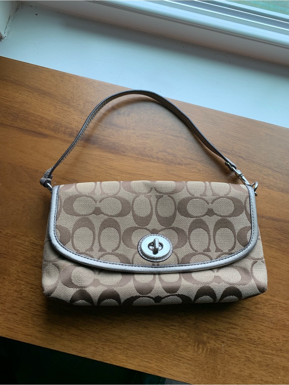 Coach Beige Signature Canvas Turnlock Wallet Bag